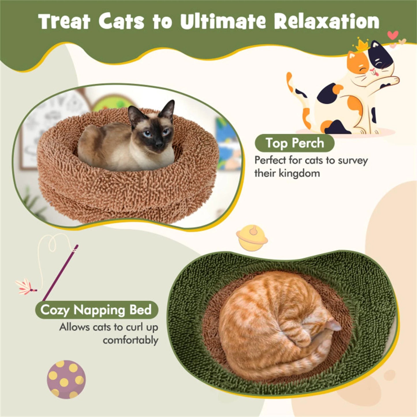 60-Inch Multi-Level Cactus Cat Tree Tower for Indoor Cats with Sisal Scratching Posts, Hammock, and Perch in Green