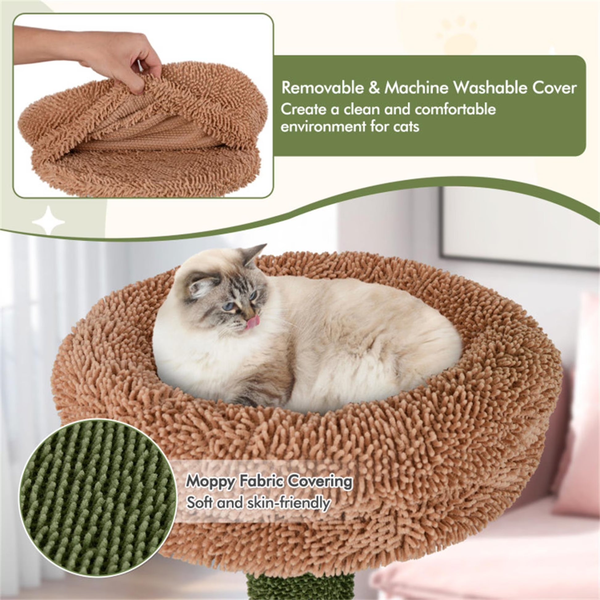 60-Inch Multi-Level Cactus Cat Tree Tower for Indoor Cats with Sisal Scratching Posts, Hammock, and Perch in Green