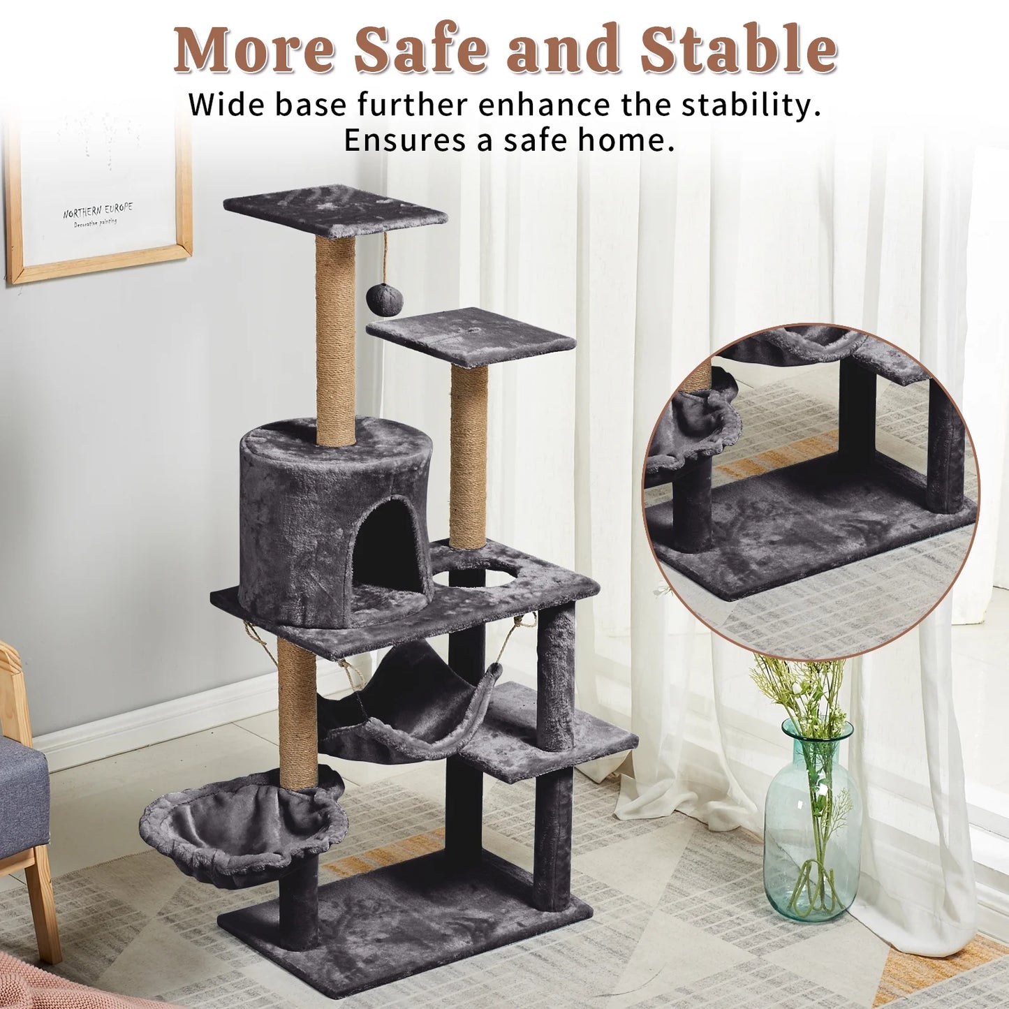 52-Inch Cat Tree Tower with Sisal Scratching Post and Perch in Dark Gray
