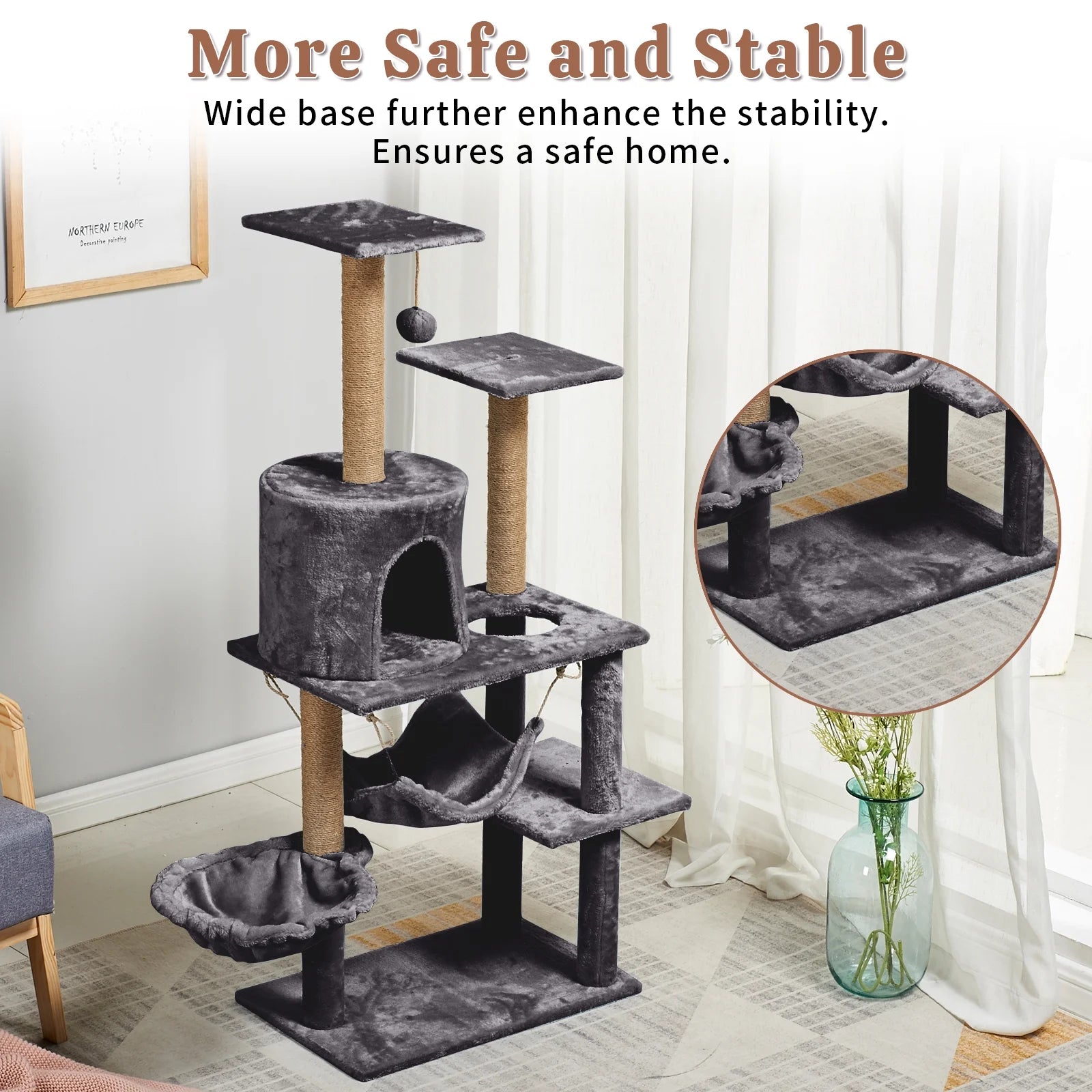 52-Inch Cat Tree Tower with Sisal Scratching Post and Perch in Dark Gray