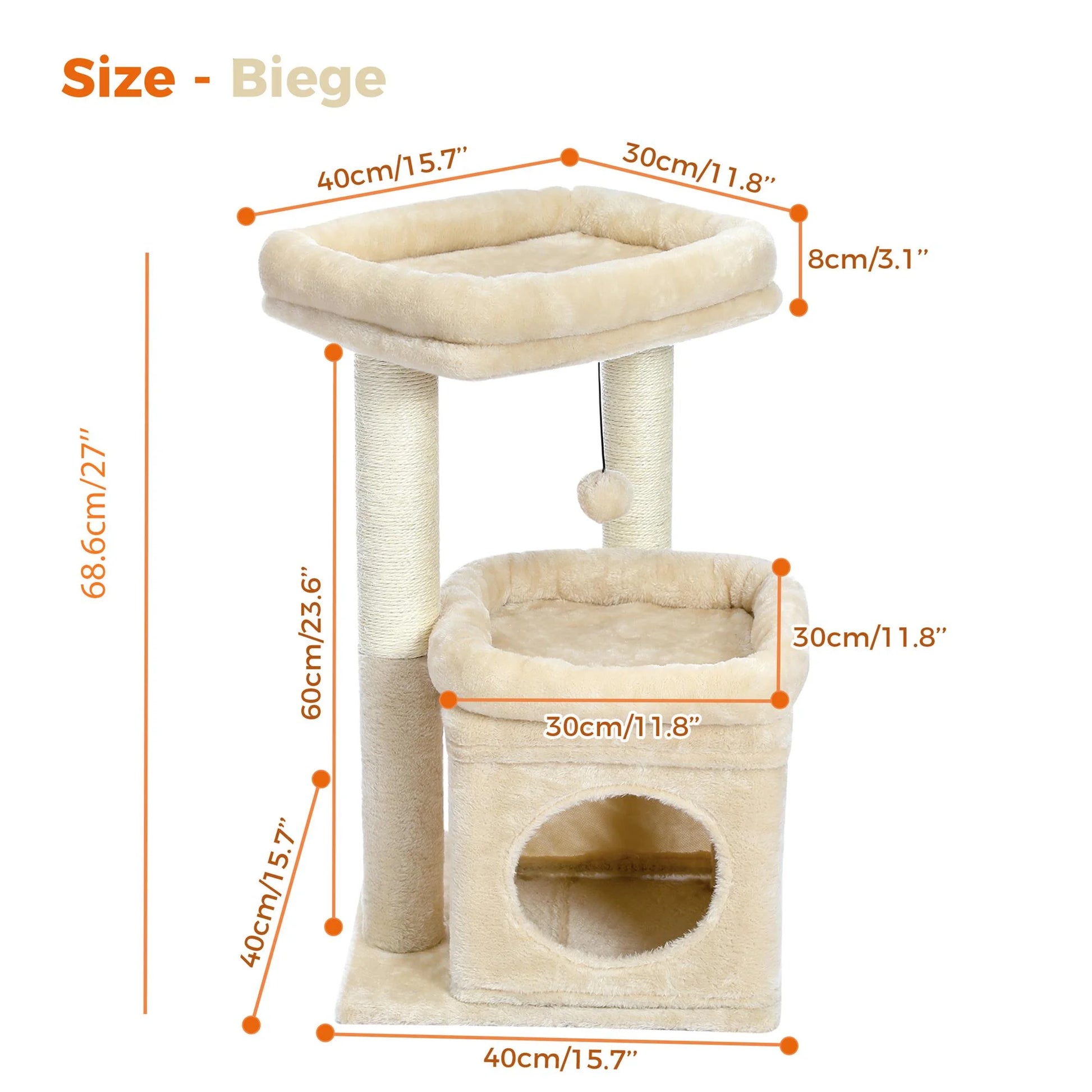 27-Inch Indoor Cat Tree Tower with Scratching Posts and Climbing Condo, Beige