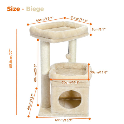 27-Inch Indoor Cat Tree Tower with Scratching Posts and Climbing Condo, Beige