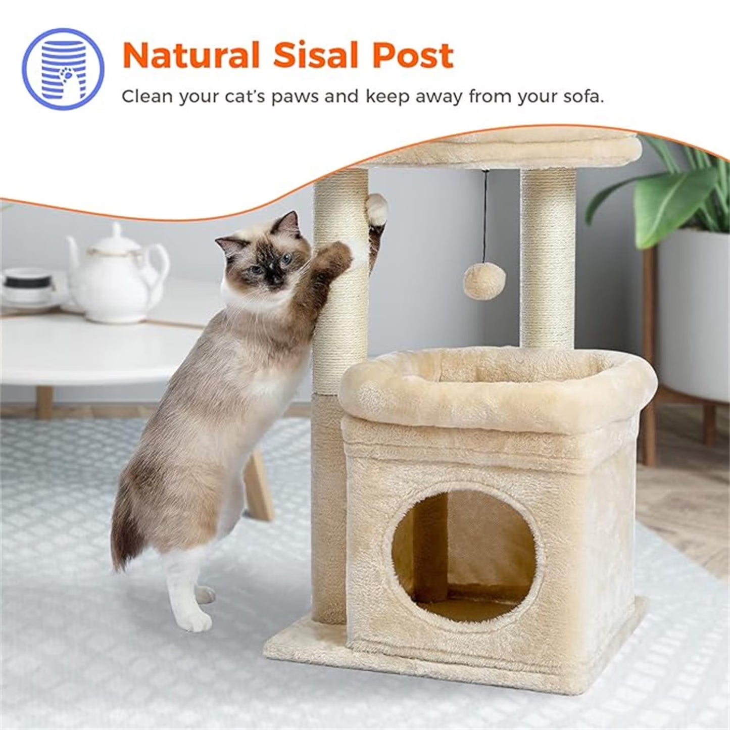 27-Inch Indoor Cat Tree Tower with Scratching Posts and Climbing Condo, Beige