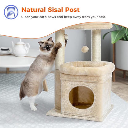 27-Inch Indoor Cat Tree Tower with Scratching Posts and Climbing Condo, Beige