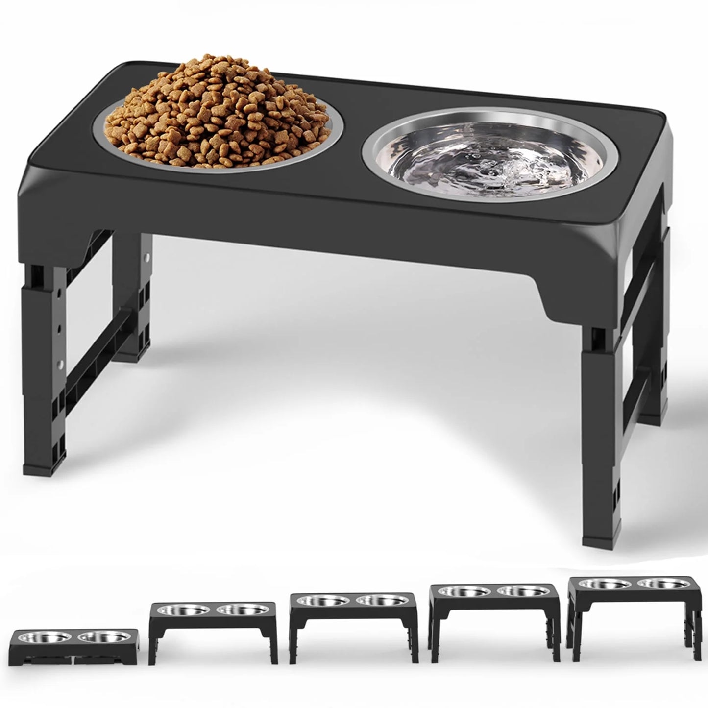 Adjustable Elevated Dog Bowl Stand with Two 42oz Stainless Steel Bowls for Dogs and Cats - 5 Height Settings for Small, Medium, and Large Breeds
