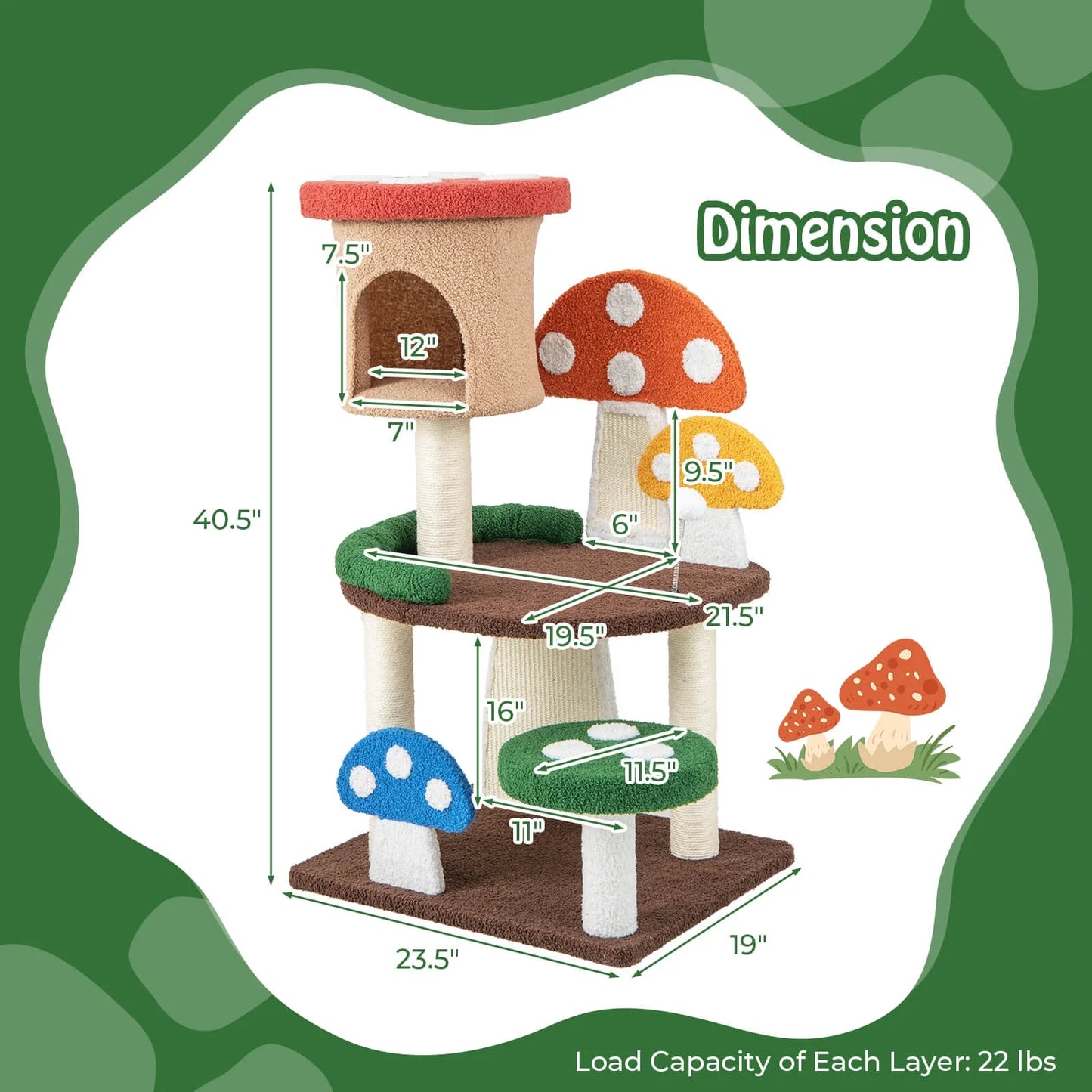 Patented 41-Inch Mushroom Cat Tree Tower - Indoor Kitten Activity Center with Natural Sisal Posts