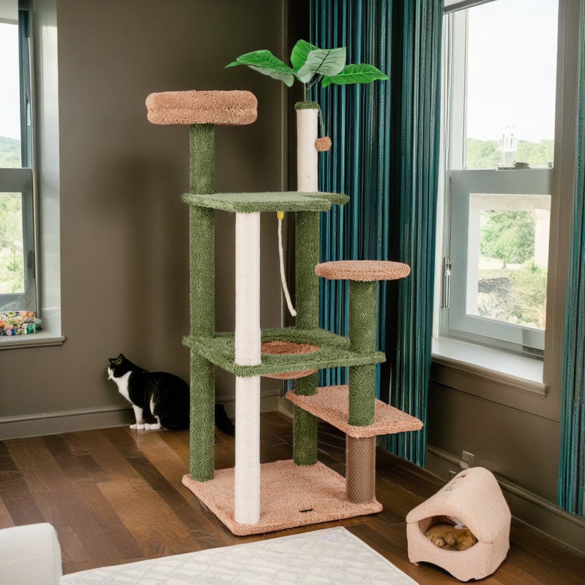 60-Inch Multi-Level Cactus Cat Tree Tower for Indoor Cats with Sisal Scratching Posts, Hammock, and Perch in Green