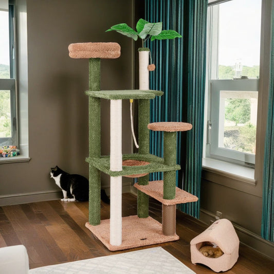 60-Inch Multi-Level Cactus Cat Tree Tower for Indoor Cats with Sisal Scratching Posts, Hammock, and Perch in Green