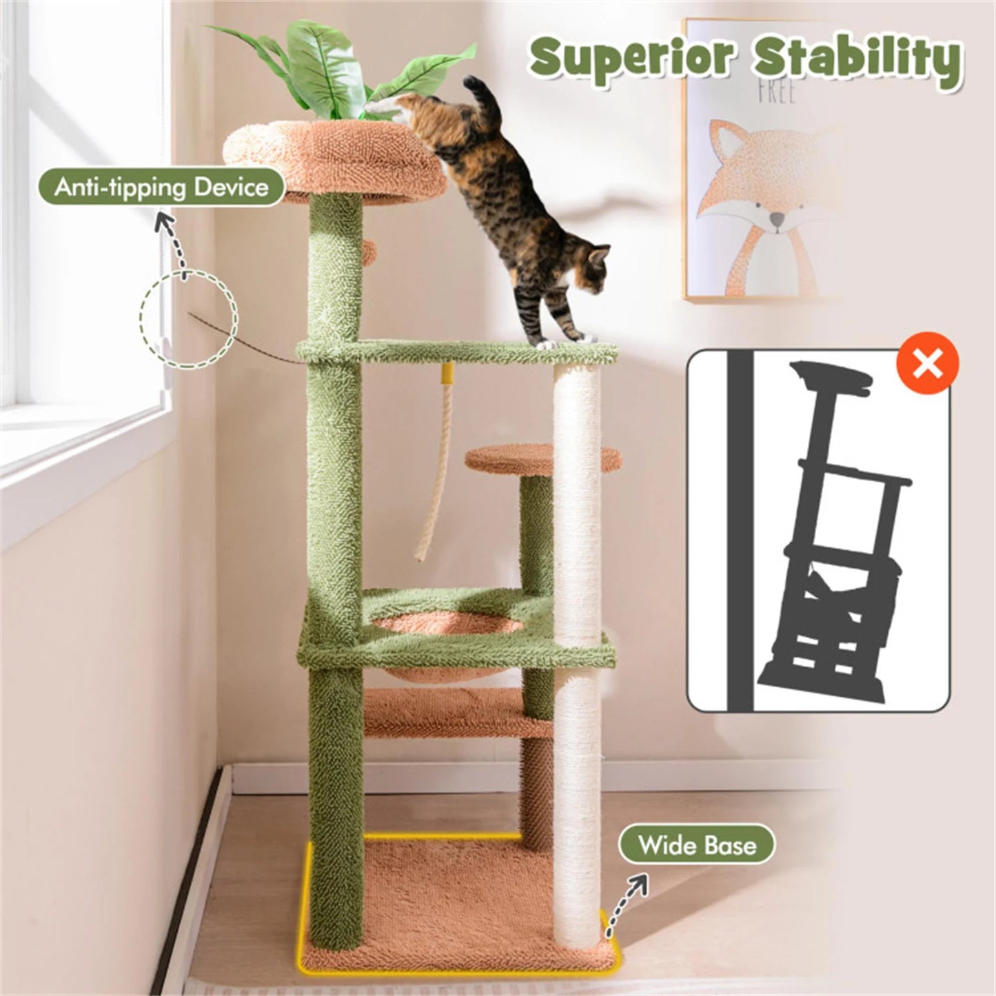 60-Inch Multi-Level Cactus Cat Tree Tower for Indoor Cats with Sisal Scratching Posts, Hammock, and Perch in Green