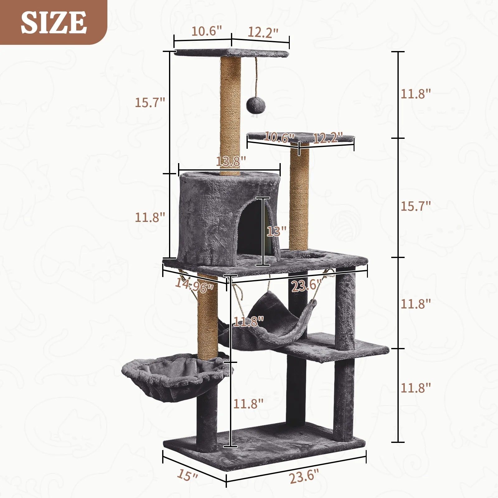 52-Inch Cat Tree Tower with Sisal Scratching Post and Perch in Dark Gray