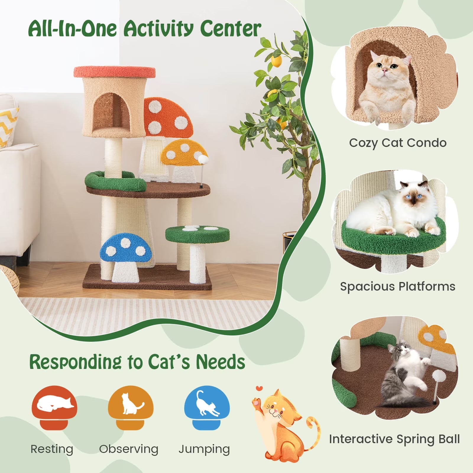 Patented 41-Inch Mushroom Cat Tree Tower - Indoor Kitten Activity Center with Natural Sisal Posts