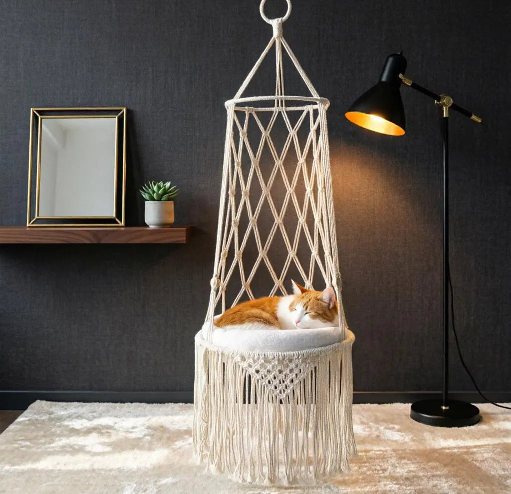 Handcrafted Macrame Cat Hammock – Bohemian Style Hanging Bed, Ideal Gift for Cat Enthusiasts