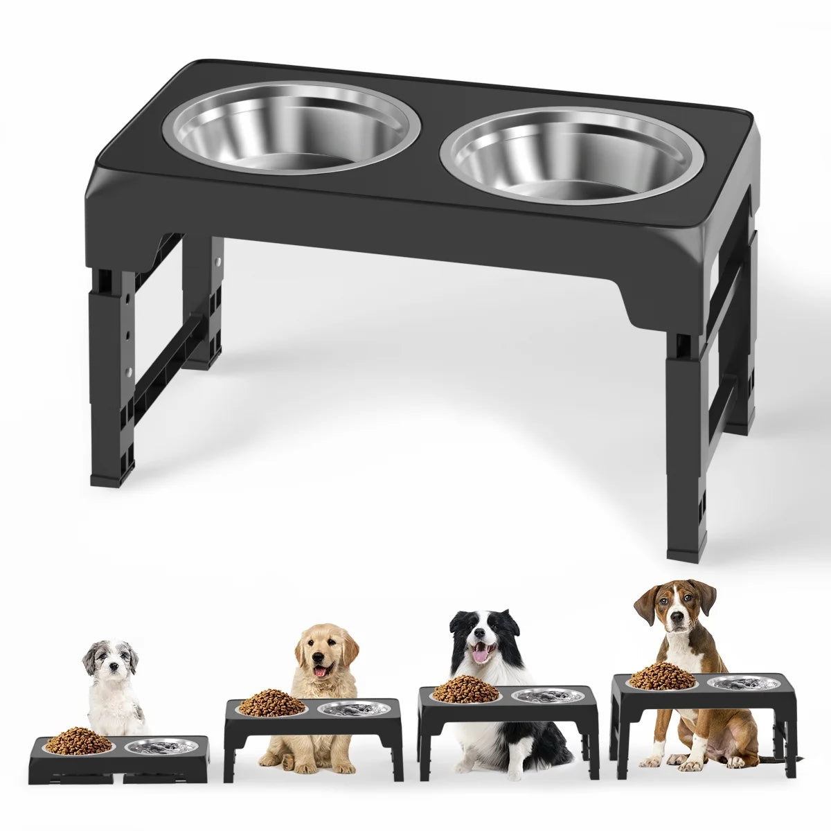 Adjustable Elevated Dog Bowl Stand with Two 42oz Stainless Steel Bowls for Dogs and Cats - 5 Height Settings for Small, Medium, and Large Breeds