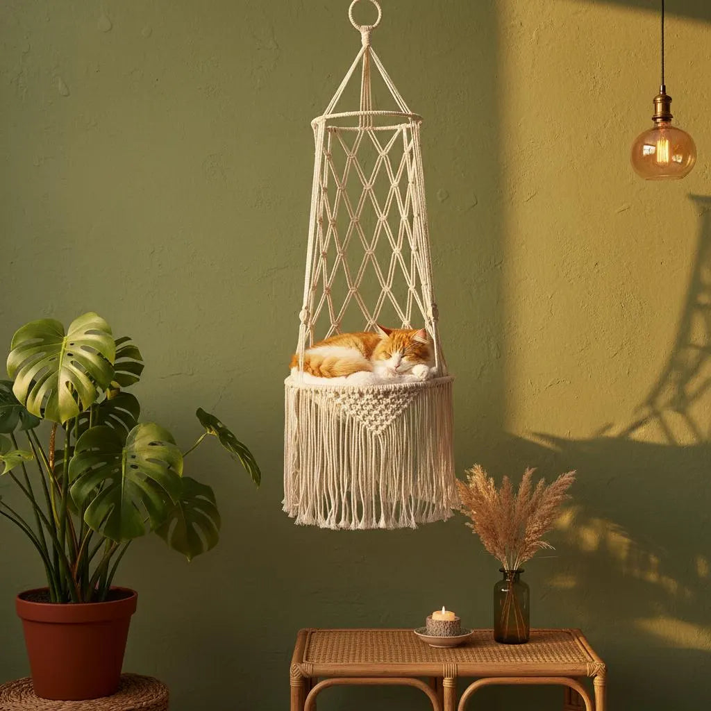 Handcrafted Macrame Cat Hammock – Bohemian Style Hanging Bed, Ideal Gift for Cat Enthusiasts