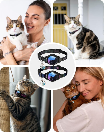 Professional Cat Collar Set with Airtag Holder, 2-Pack Waterproof Breakaway Kitten Collars for Apple Airtag GPS Tracker, Adjustable Design with Buckle, Bell & Reflective Pattern for Cats and Kittens, Black (8-11")