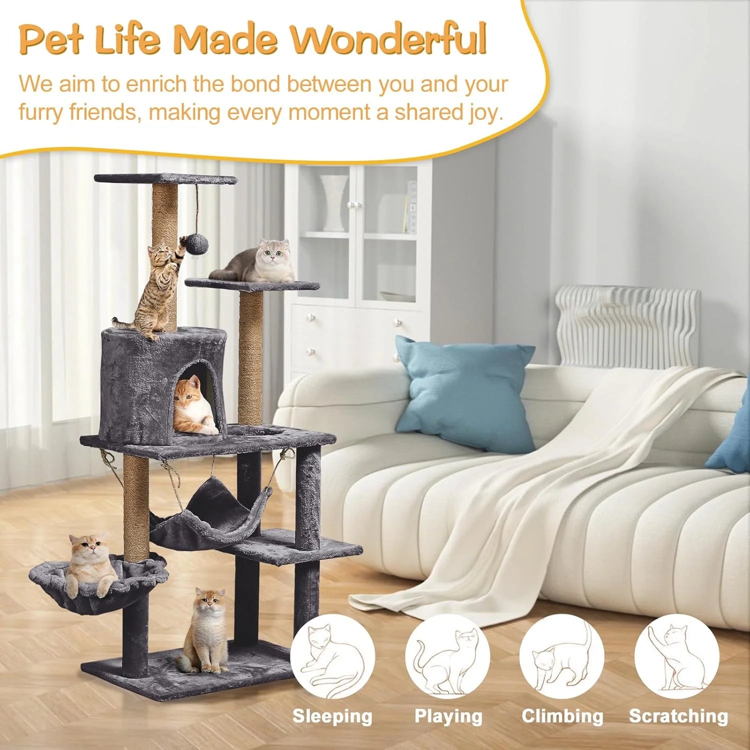 52-Inch Cat Tree Tower with Sisal Scratching Post and Perch in Dark Gray