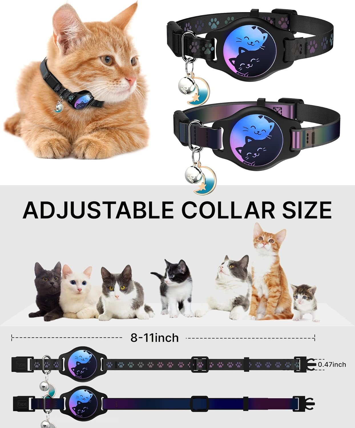 Professional Cat Collar Set with Airtag Holder, 2-Pack Waterproof Breakaway Kitten Collars for Apple Airtag GPS Tracker, Adjustable Design with Buckle, Bell & Reflective Pattern for Cats and Kittens, Black (8-11")