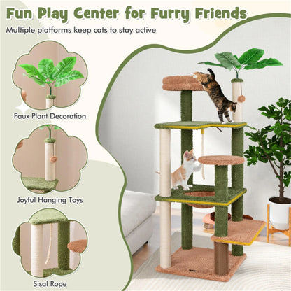 60-Inch Multi-Level Cactus Cat Tree Tower for Indoor Cats with Sisal Scratching Posts, Hammock, and Perch in Green