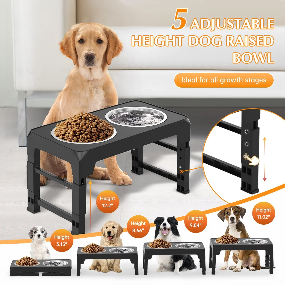 Adjustable Elevated Dog Bowl Stand with Two 42oz Stainless Steel Bowls for Dogs and Cats - 5 Height Settings for Small, Medium, and Large Breeds
