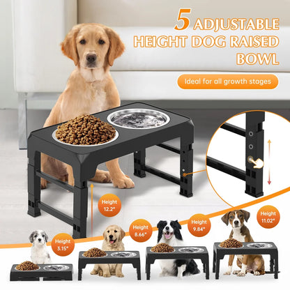 Adjustable Elevated Dog Bowl Stand with Two 42oz Stainless Steel Bowls for Dogs and Cats - 5 Height Settings for Small, Medium, and Large Breeds