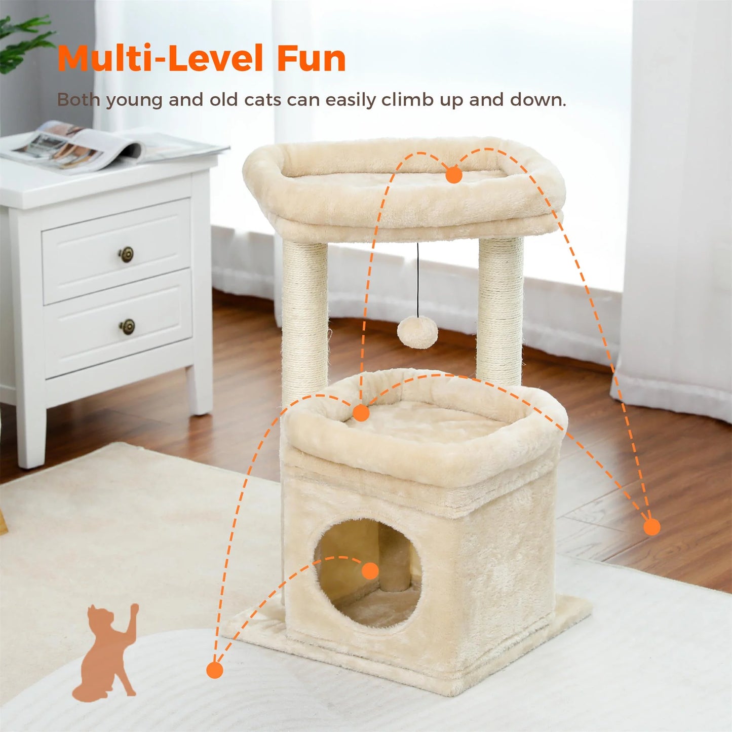 27-Inch Indoor Cat Tree Tower with Scratching Posts and Climbing Condo, Beige