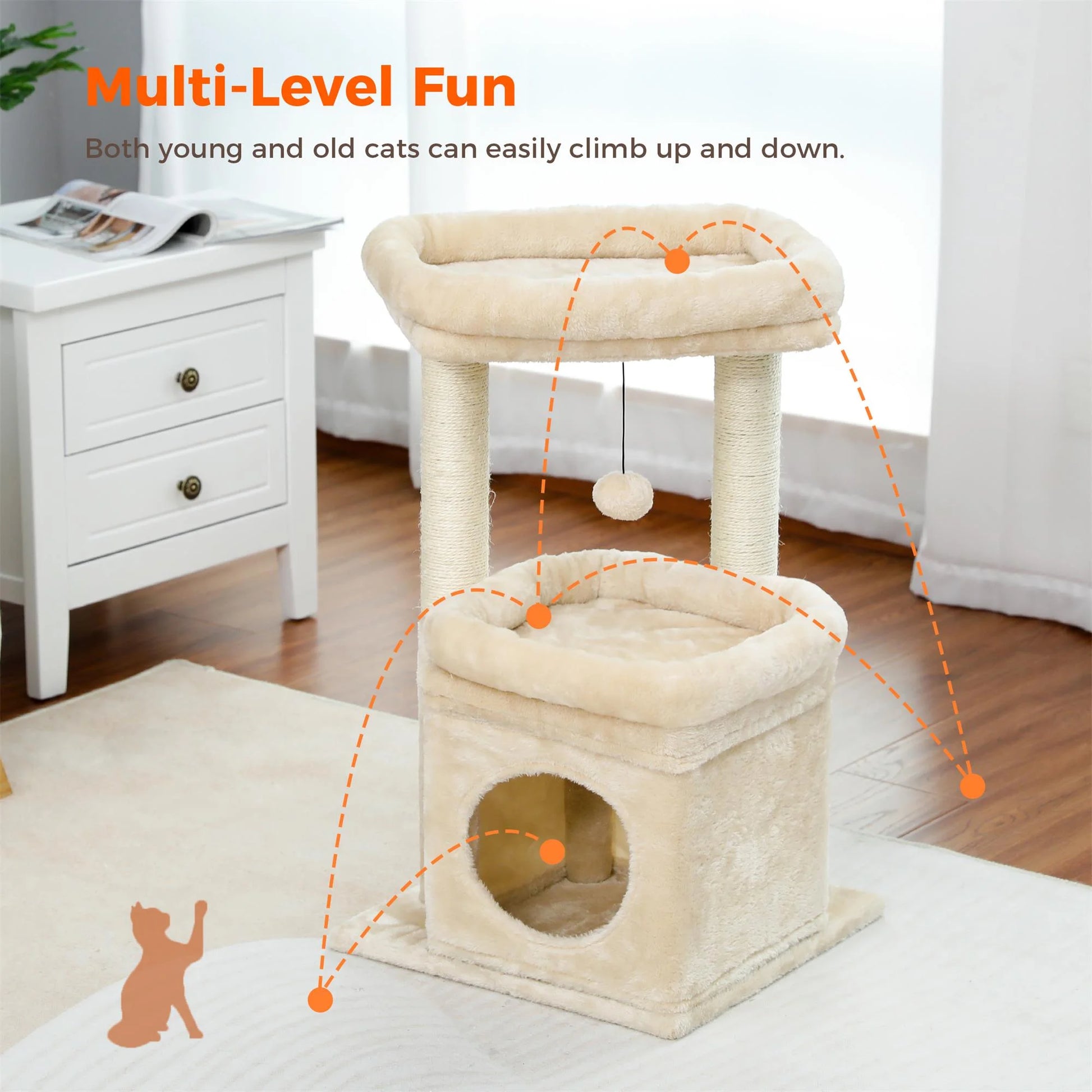 27-Inch Indoor Cat Tree Tower with Scratching Posts and Climbing Condo, Beige
