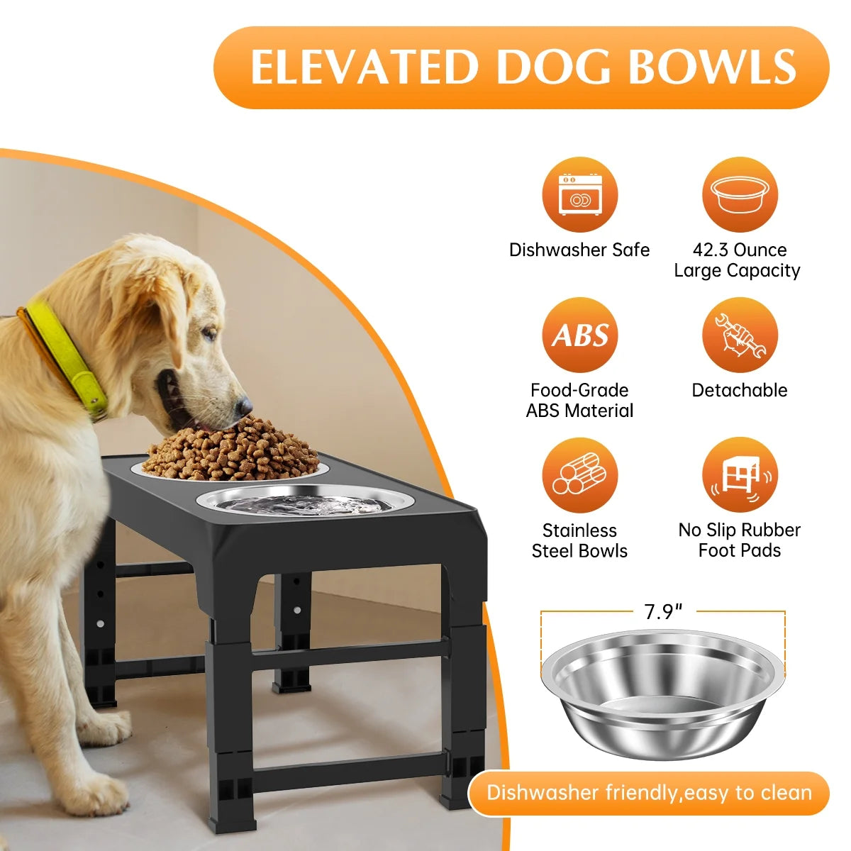 Adjustable Elevated Dog Bowl Stand with Two 42oz Stainless Steel Bowls for Dogs and Cats - 5 Height Settings for Small, Medium, and Large Breeds