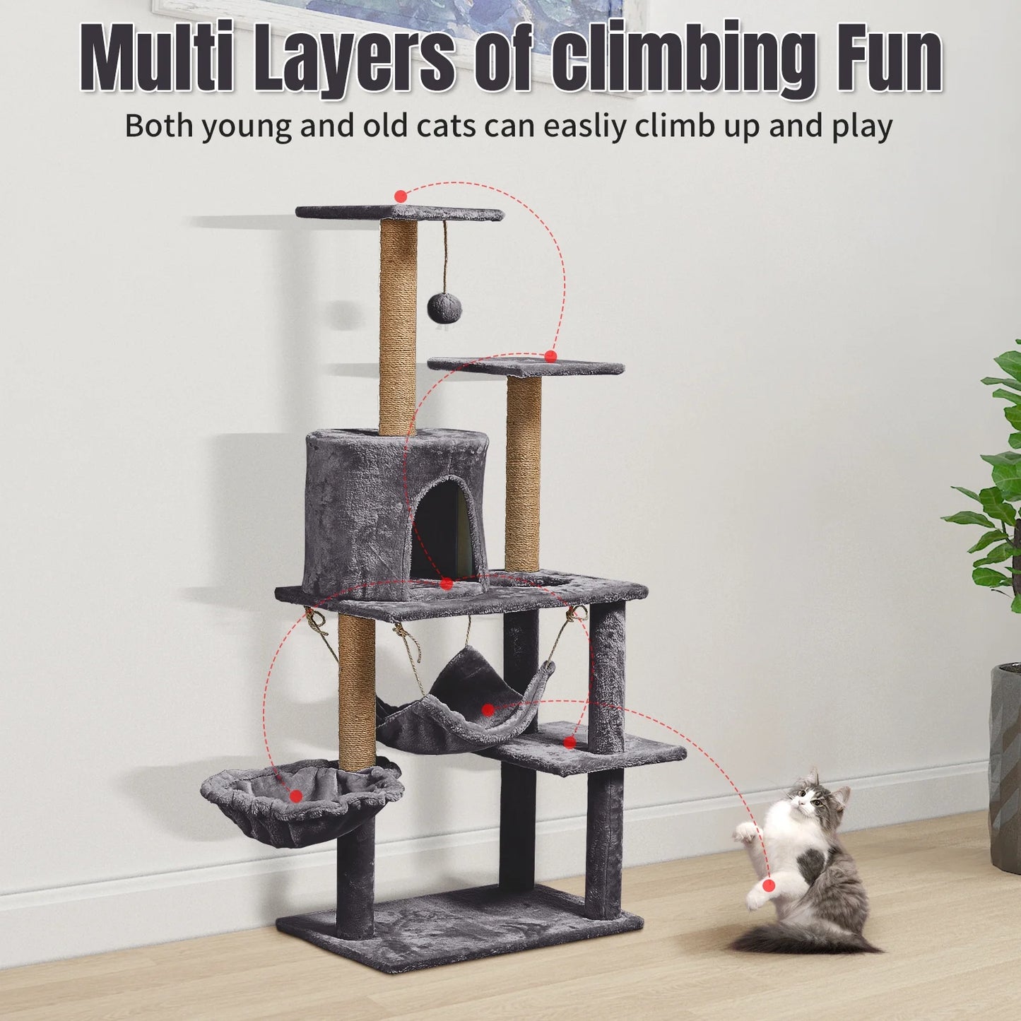 52-Inch Cat Tree Tower with Sisal Scratching Post and Perch in Dark Gray