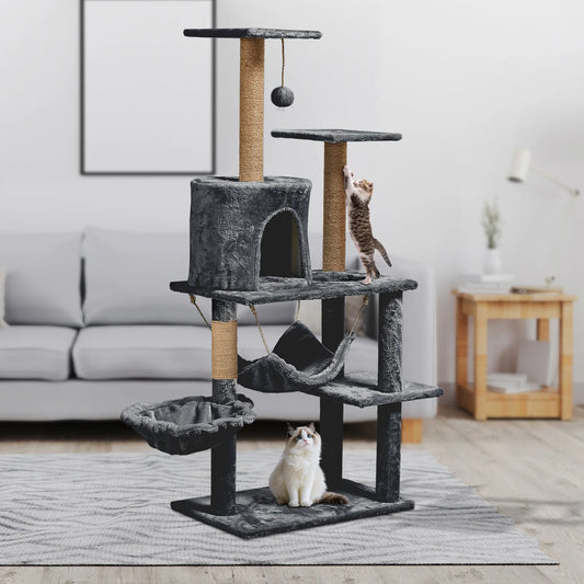 52-Inch Cat Tree Tower with Sisal Scratching Post and Perch in Dark Gray