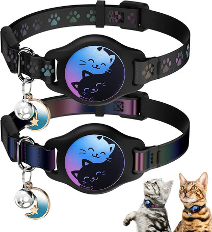 Professional Cat Collar Set with Airtag Holder, 2-Pack Waterproof Breakaway Kitten Collars for Apple Airtag GPS Tracker, Adjustable Design with Buckle, Bell & Reflective Pattern for Cats and Kittens, Black (8-11")