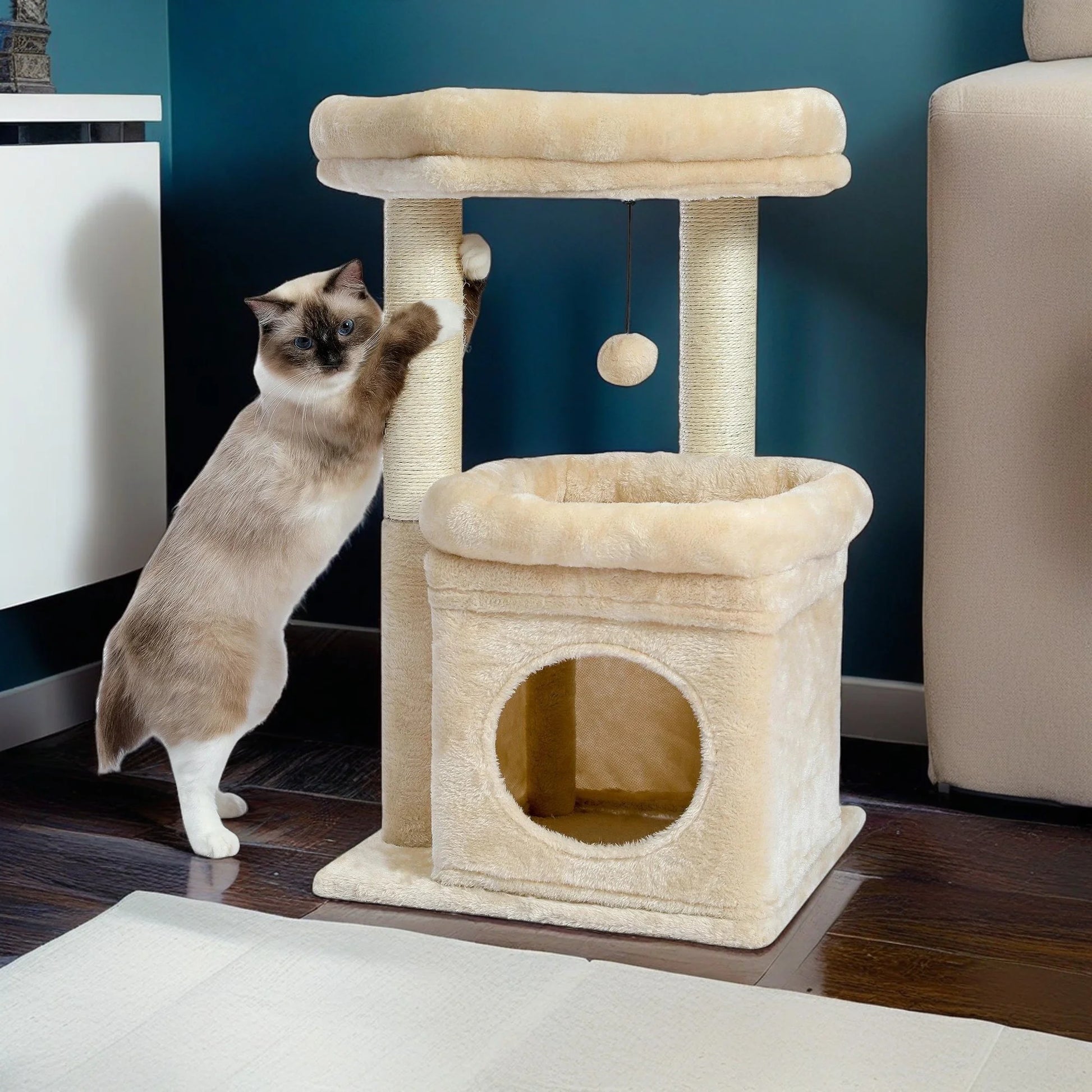 27-Inch Indoor Cat Tree Tower with Scratching Posts and Climbing Condo, Beige