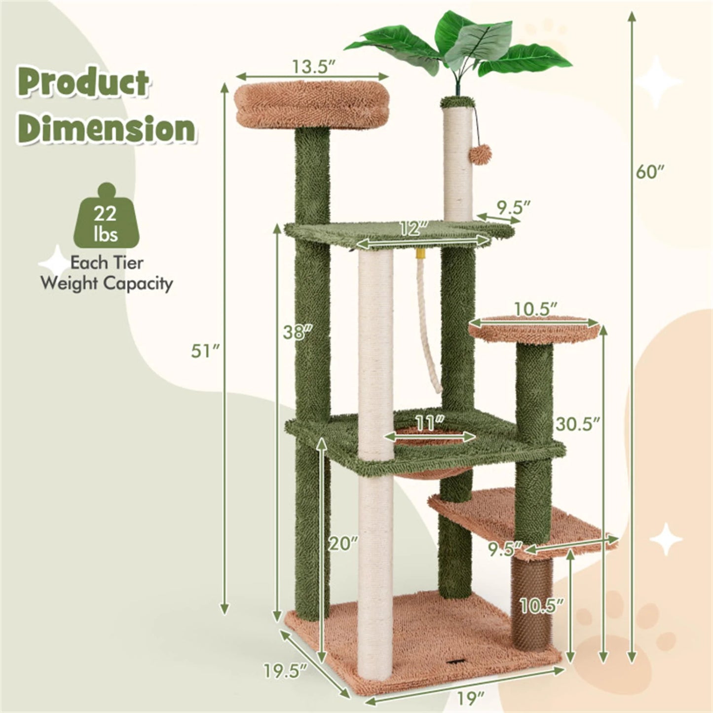 60-Inch Multi-Level Cactus Cat Tree Tower for Indoor Cats with Sisal Scratching Posts, Hammock, and Perch in Green