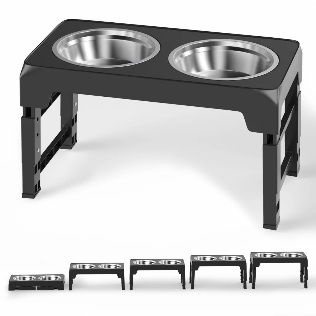 Adjustable Elevated Dog Bowl Stand with Two 42oz Stainless Steel Bowls for Dogs and Cats - 5 Height Settings for Small, Medium, and Large Breeds