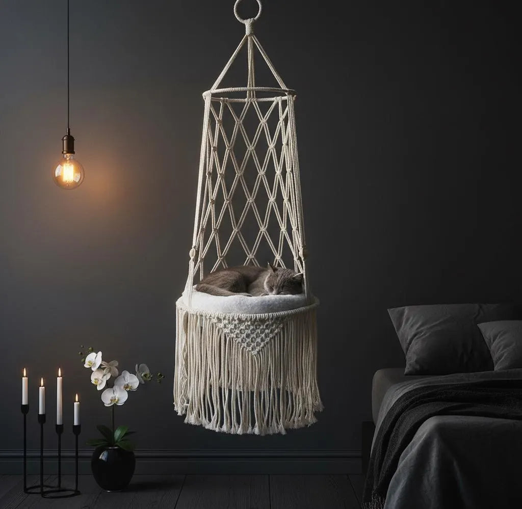Handcrafted Macrame Cat Hammock – Bohemian Style Hanging Bed, Ideal Gift for Cat Enthusiasts
