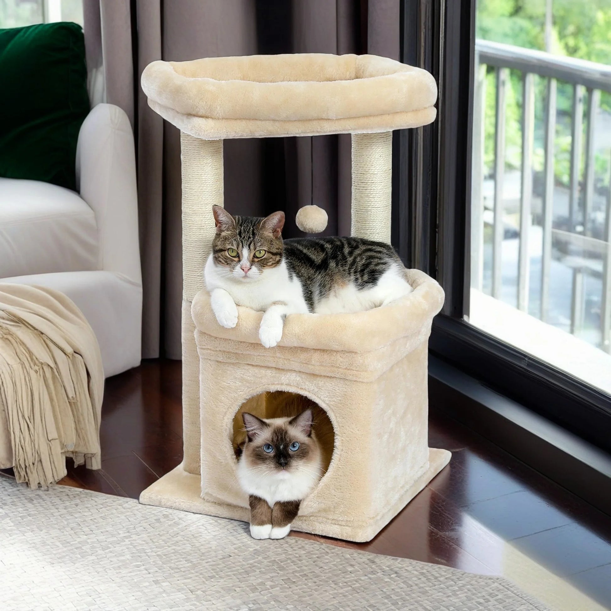 27-Inch Indoor Cat Tree Tower with Scratching Posts and Climbing Condo, Beige
