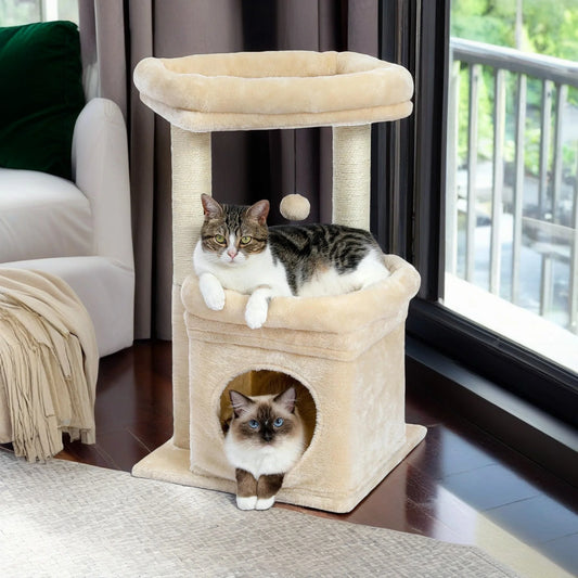 27-Inch Indoor Cat Tree Tower with Scratching Posts and Climbing Condo, Beige