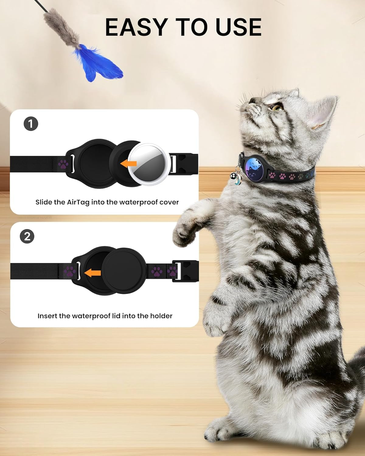 Professional Cat Collar Set with Airtag Holder, 2-Pack Waterproof Breakaway Kitten Collars for Apple Airtag GPS Tracker, Adjustable Design with Buckle, Bell & Reflective Pattern for Cats and Kittens, Black (8-11")