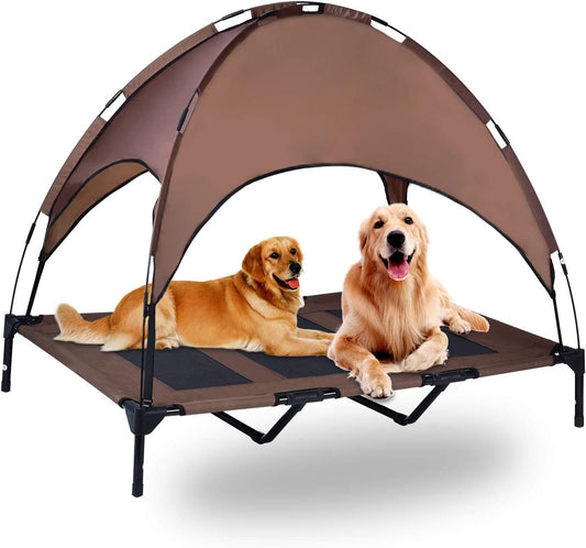 Elevated Portable Pet Cot with Removable Canopy - Durable 1680D Oxford Fabric Raised Mesh Dog Bed for Outdoor Use (Large, Brown)