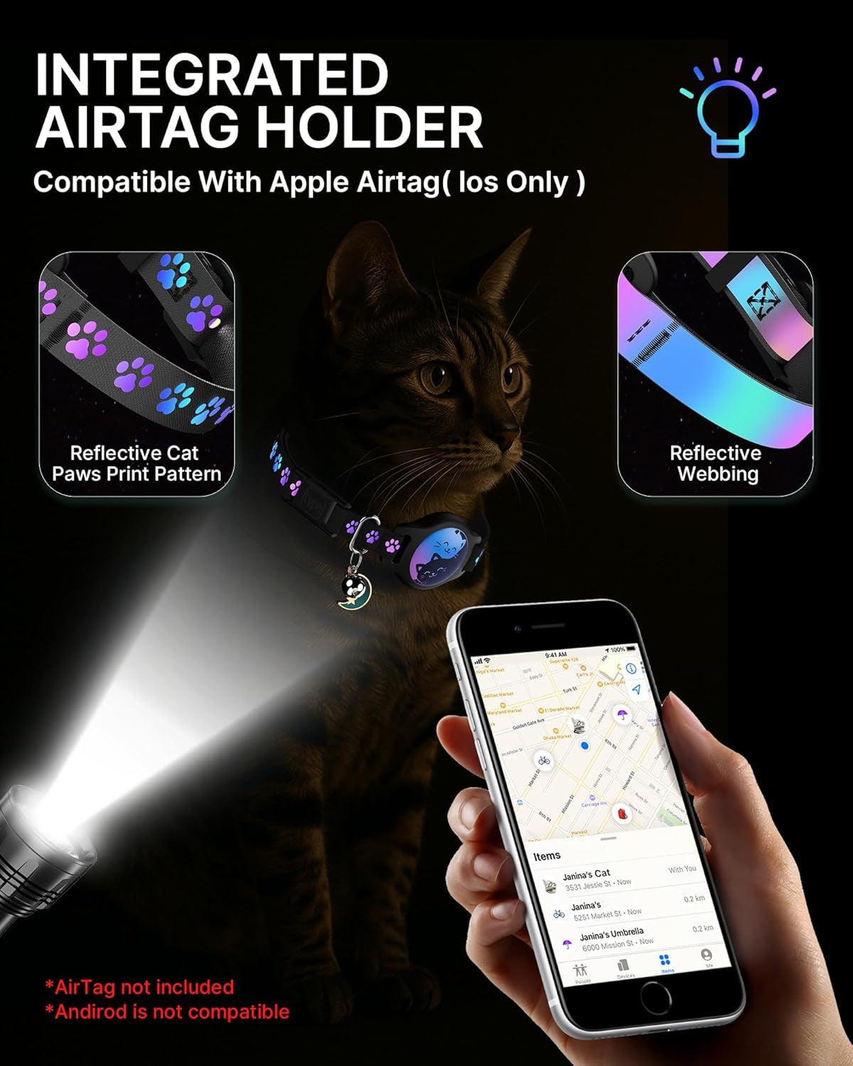 Professional Cat Collar Set with Airtag Holder, 2-Pack Waterproof Breakaway Kitten Collars for Apple Airtag GPS Tracker, Adjustable Design with Buckle, Bell & Reflective Pattern for Cats and Kittens, Black (8-11")