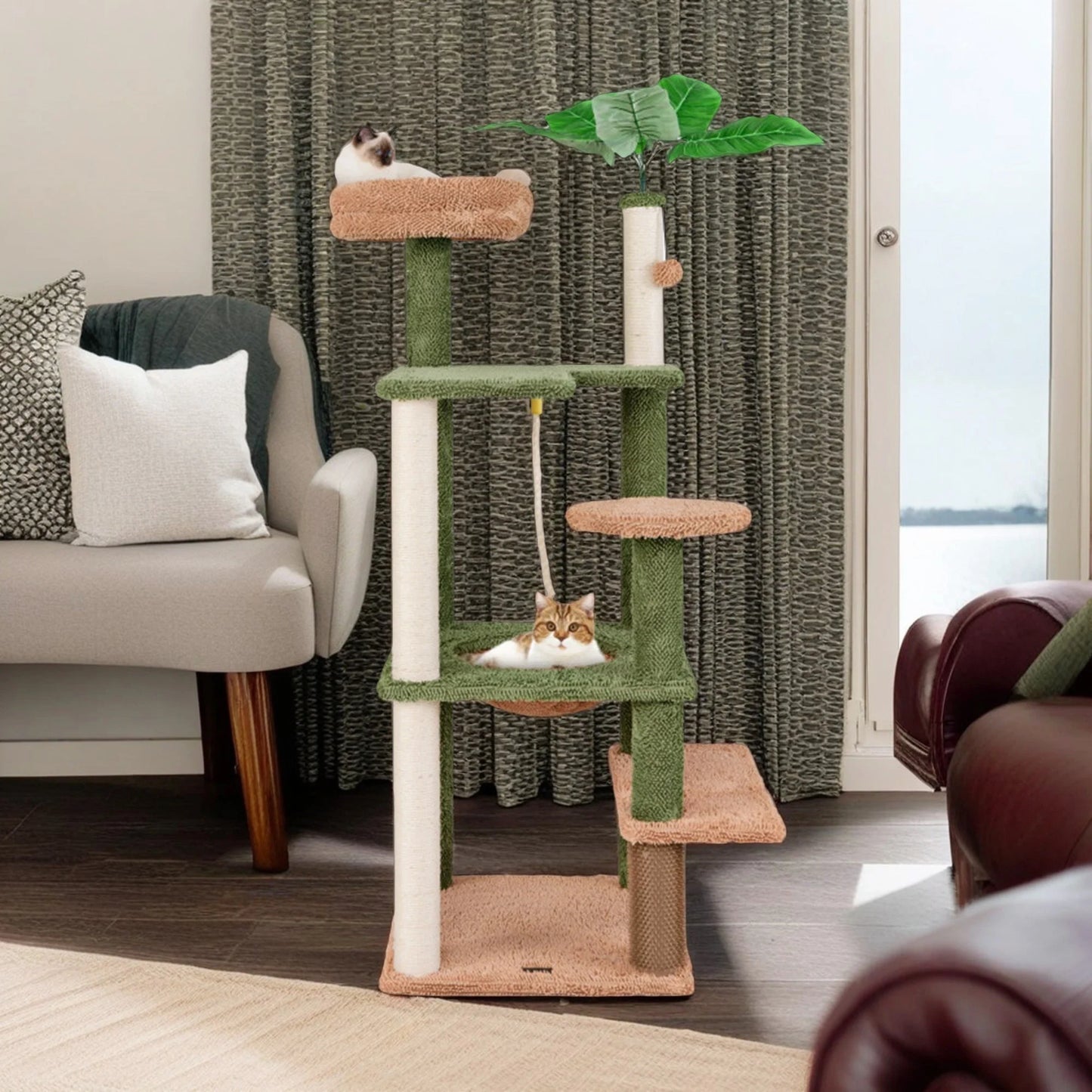60-Inch Multi-Level Cactus Cat Tree Tower for Indoor Cats with Sisal Scratching Posts, Hammock, and Perch in Green