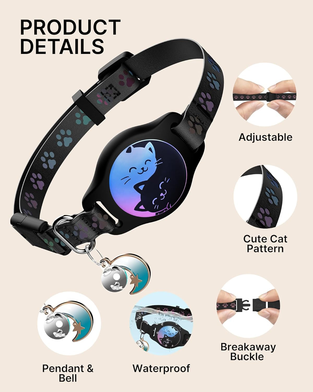 Professional Cat Collar Set with Airtag Holder, 2-Pack Waterproof Breakaway Kitten Collars for Apple Airtag GPS Tracker, Adjustable Design with Buckle, Bell & Reflective Pattern for Cats and Kittens, Black (8-11")