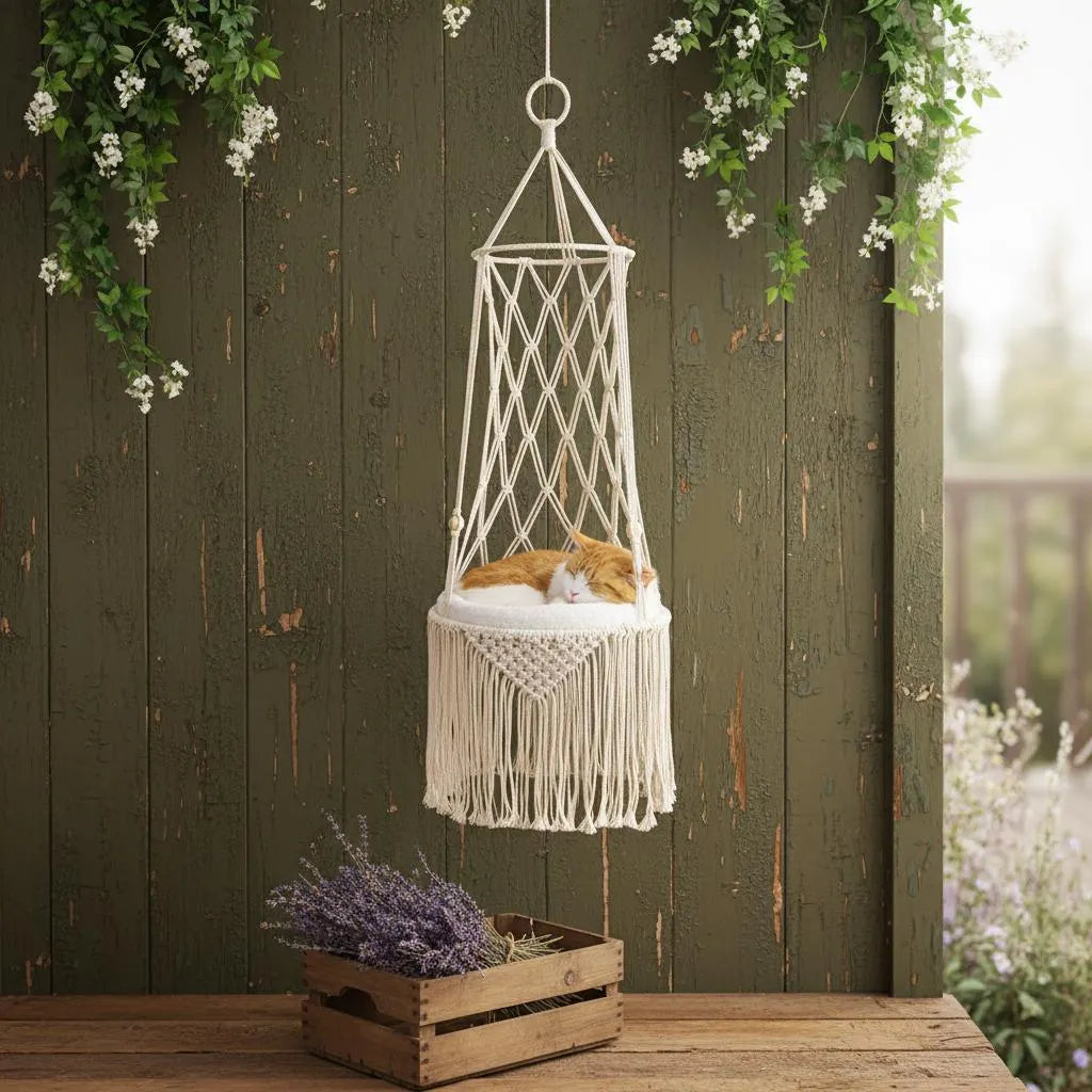 Handcrafted Macrame Cat Hammock – Bohemian Style Hanging Bed, Ideal Gift for Cat Enthusiasts